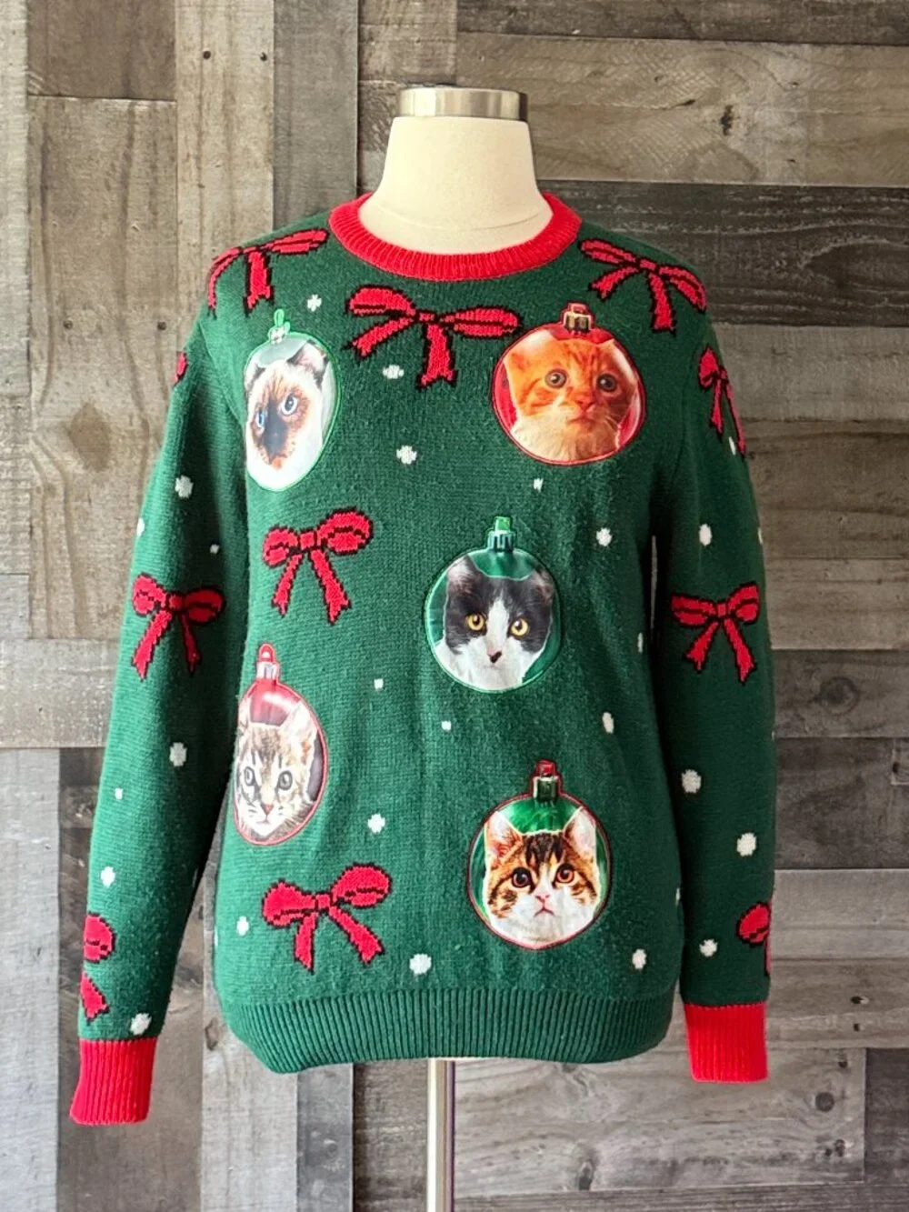 Green ugly Christmas sweater large cats ornaments holiday party girlhoodcore